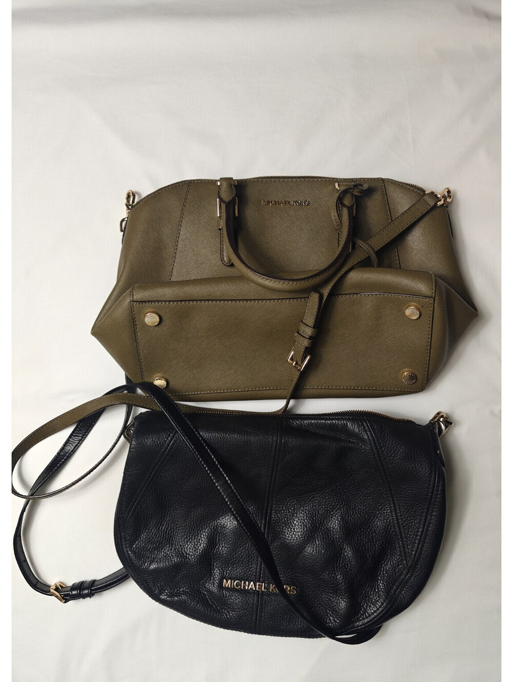 Two MK Purse Olive Green and Black Michael Kors Large Leather Handbag